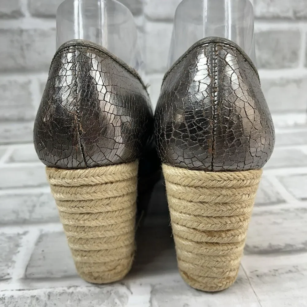 Coach Crackle Silver Women's Size 9.5/10 Metal Leather Wedge Espadrille Bow Shoe